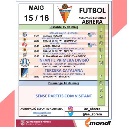 Partits AE Abrera cap de setmana 15 i 16 de maig de 2021 - Fòra de casa