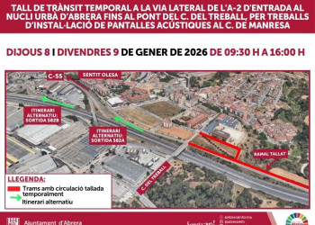 treballs d'instal·lació de noves pantalles acústiques al carrer de Manresa - Dijous 8 i divendres 9 de gener queda tallada temporalment, en horari diürn, la via lateral d'accés a Abrera fins al pont del Treball