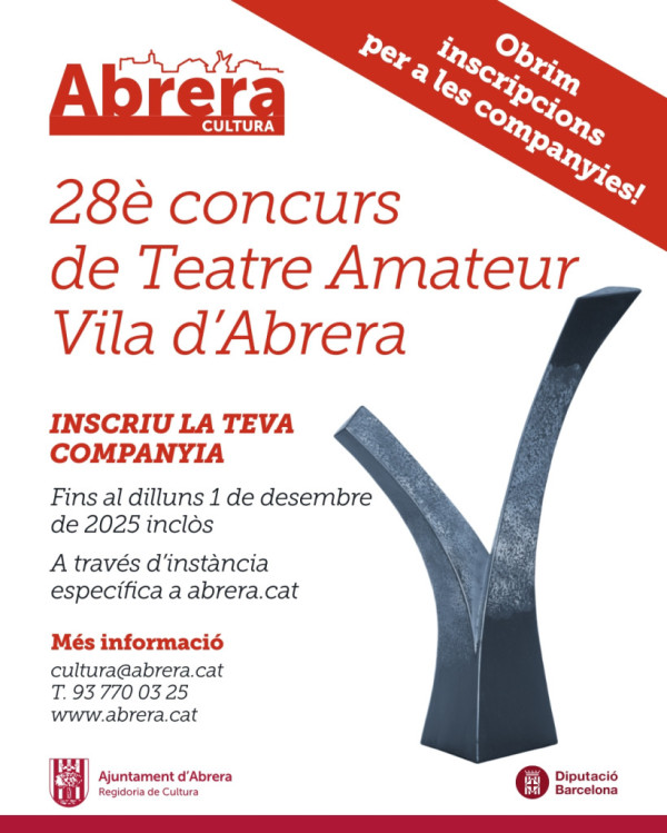 Torna el Concurs de Teatre Amateur Vila d’Abrera, en la seva 28a edició! Les companyies interessades a participar podran formalitzar la seva inscripció fins el dilluns 1 de desembre de 2025 inclòs