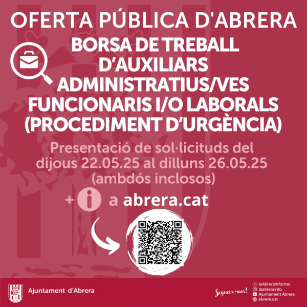 Procés selectiu per a la constitució d'una borsa de treball d'auxiliars administratius/ves funcionaris i/o laborals, mitjançant procediment d'urgència