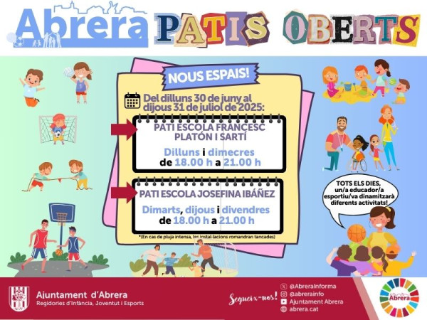 També a l'estiu, impulsem l'activitat de 'Patis Oberts'! Consulteu els horaris especials als patis de les escoles Francesc Platón i Sartí i Josefina Ibáñez