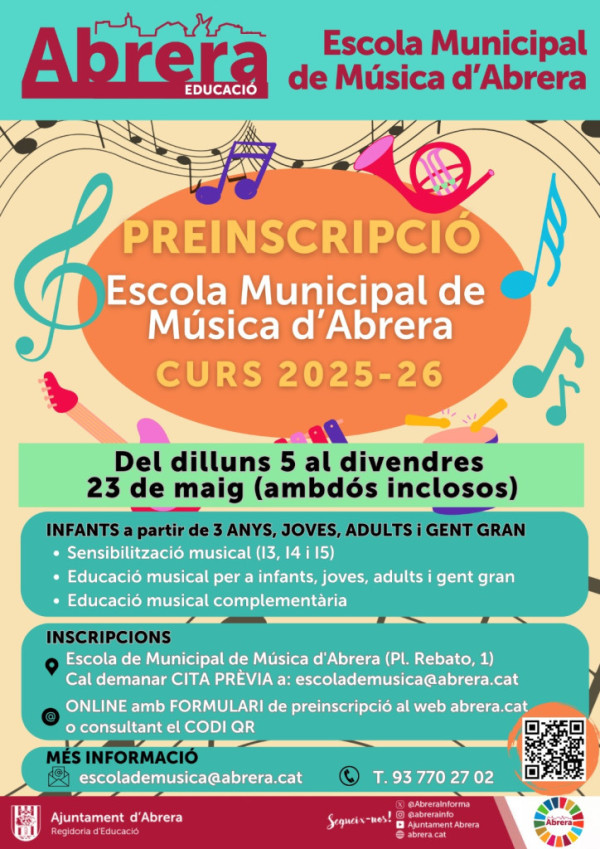 L'Escola Municipal de Música d’Abrera obre les preinscripcions pel curs 2024-2025 del dilluns 5 de maig al divendres 23 de maig (ambdós inclosos)
