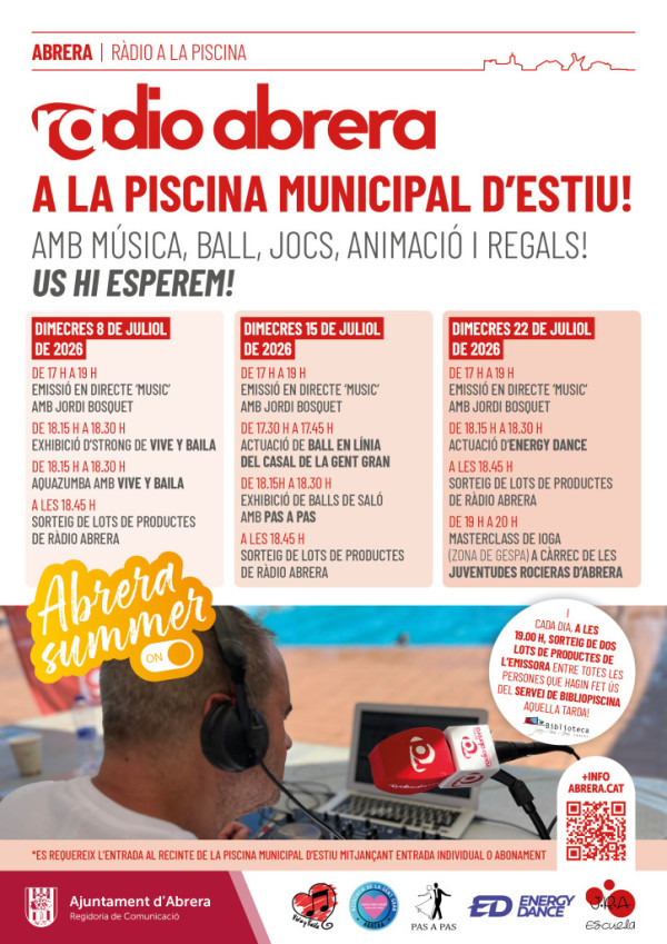 Ràdio Abrera torna a la Piscina Municipal d'Estiu aquest mes de juliol, amb música, ball, jocs, animació i regals, i amb la col·laboració de diverses entitats del nostre municipi!