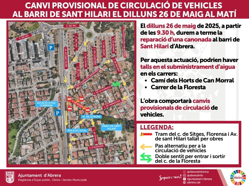 Canvi provisional de circulació de vehicles al barri de Sant Hilari el dilluns 26 de maig al matí