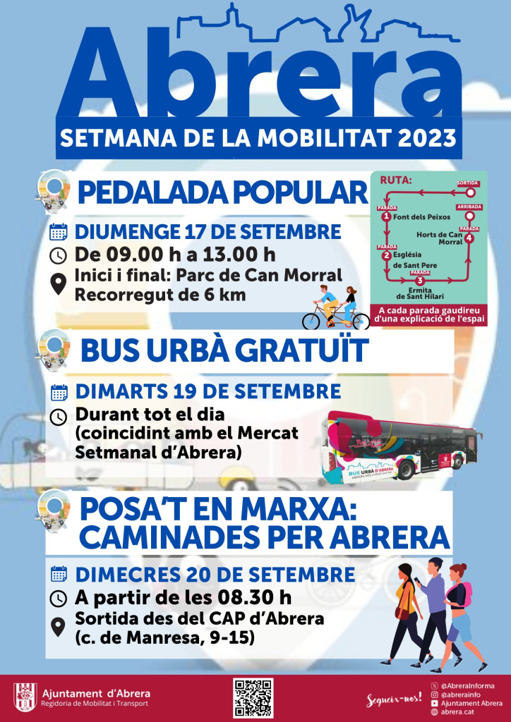 Abrera + sostenible! Commemorem la Setmana de la Mobilitat 2023 amb una pedalada popular, el servei de bus urbà gratuït i les caminades per Abrera