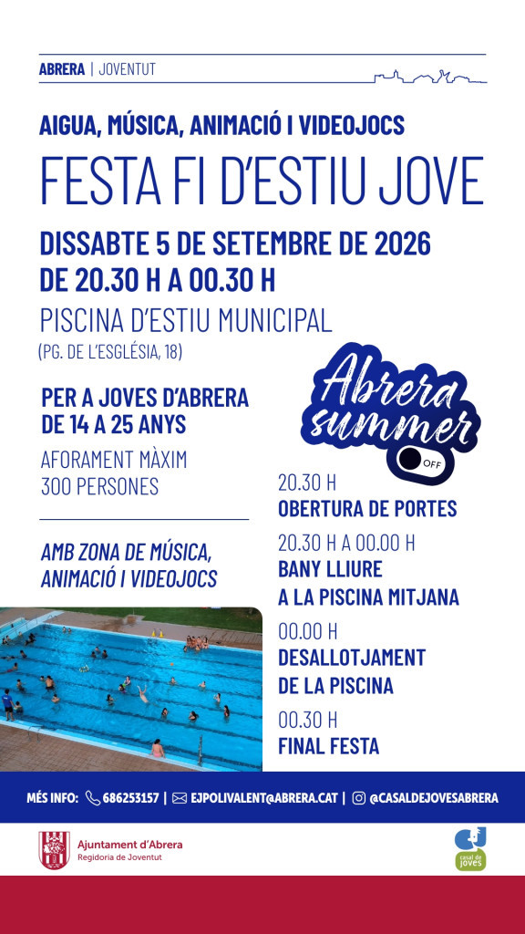 La Piscina d'Estiu Municipal acollirà el proper dissabte 5 de setembre a la nit la Festa Fi d’Estiu Jove amb música, animació i bany lliure!