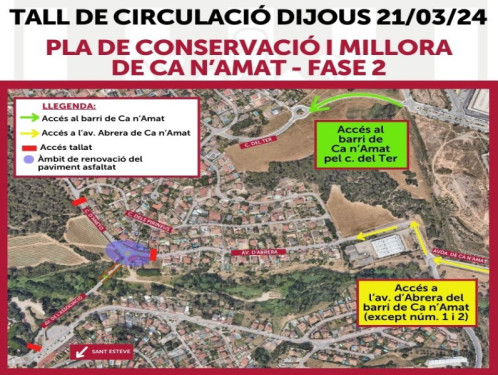 Tall de circulació, aquest dijous 21 de març, en trams de l'av. d'Abrera, c. d'Aneto i av. de l'Associació del barri de Ca n'Amat per obres d'asfaltatge