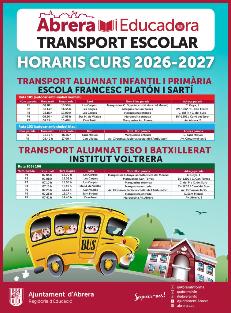 Atenció, famílies! Consulteu tota la informació del Transport Escolar d'Abrera del curs 2026-2027