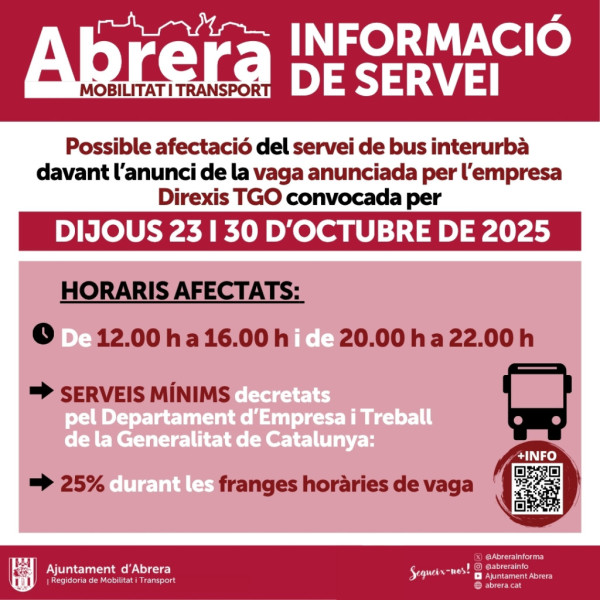 Possible afectació del servei de bus interurbà davant l'anunci de la vaga de l'empresa DIREXIS TGO, a partir de demà dijous 23 d’octubre - octubre