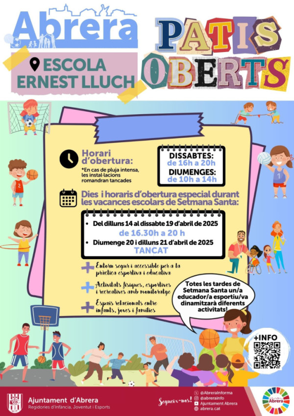 Consulteu els dies i horaris d'especial obertura del pati de l'Escola Ernest LLuch durant les vacances escolars de Semanta Santa de 2025, en el marc de la iniciativa 'Patis Oberts' que impulsem des de l'Ajuntament