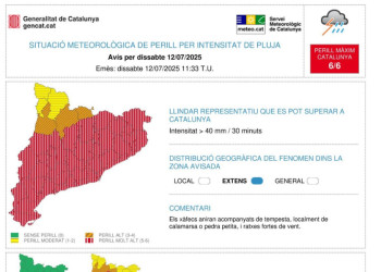 Avís per fortes plugues per dissabte 12 de juliol de 2025