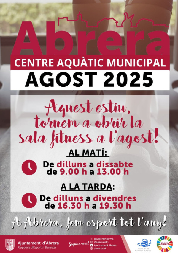A Abrera, aquest estiu ens movem i fem esport! Durant el mes d'agost posa't en forma a la sala de fitness del CAM que romandrà oberta del dijous 1 al dissabte 31. Us hi esperem!