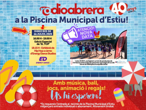 Cartell Ràdio Abrera la Piscina 2025 - Nova data dimecres 30 de juliol amb Energy Danys Studios