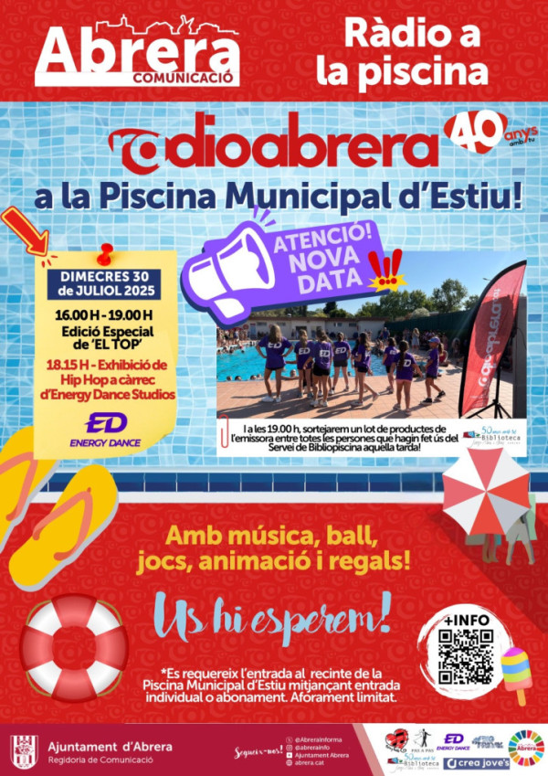 Cartell Ràdio Abrera la Piscina 2025 - Nova data dimecres 30 de juliol amb Energy Danys Studios