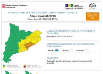 Avís de fortes pluges pel dissabte 20 de desembre de 2025