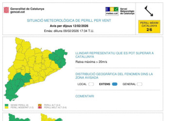 Avís per fort vent per dijous 12/02/26