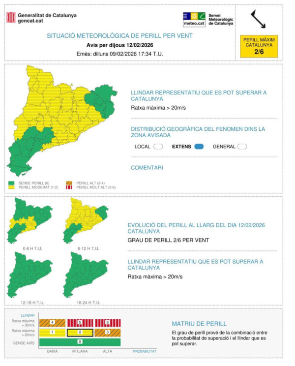 Avís per fort vent per dijous 12/02/26