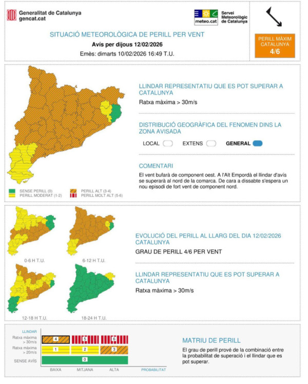 Avís per fort vent per dijous 12 de febrer de 2026