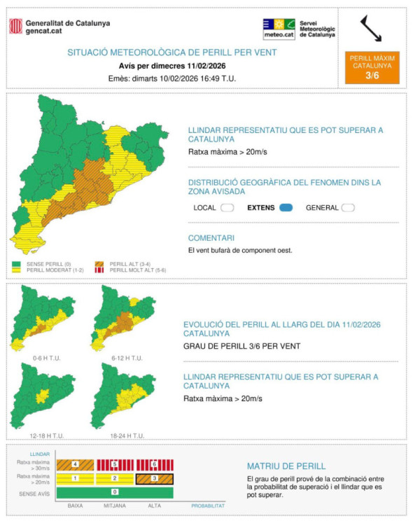 Avís per fort vent per dimecres 11 de febrer de 2026