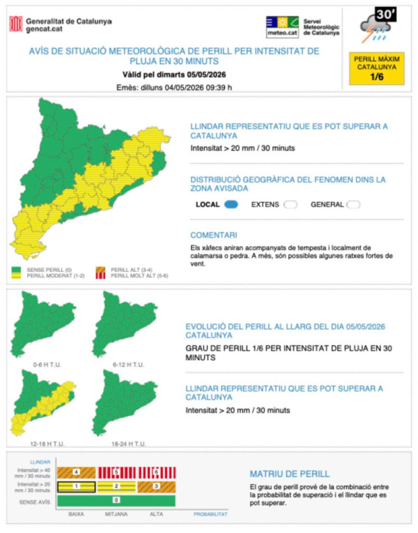 Consells de prevenció davant la previsió de pluges intenses que poden afectar Abrera i la comarca del Baix Llobregat aquest dimarts 5 de maig de 2026