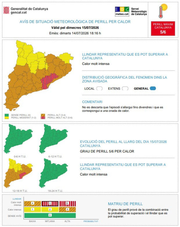 Avís de calor pel dimecres 15 de juliol de 2026