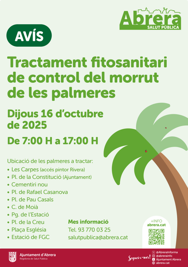 Cuidem les palmeres del nostre municipi amb un nou tractament fitosanitari, que durem a terme el dijous 16 d'octubre de 7:00 h a 17:00 h