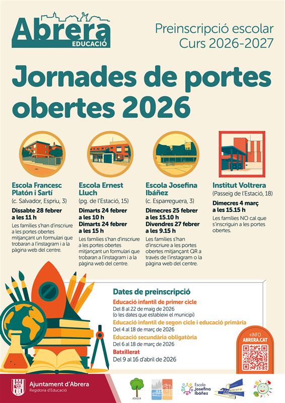 Durant els mesos de febrer i març es duran a terme les jornades de portes obertes 2026 als centres escolars i l'institut d'Abrera
